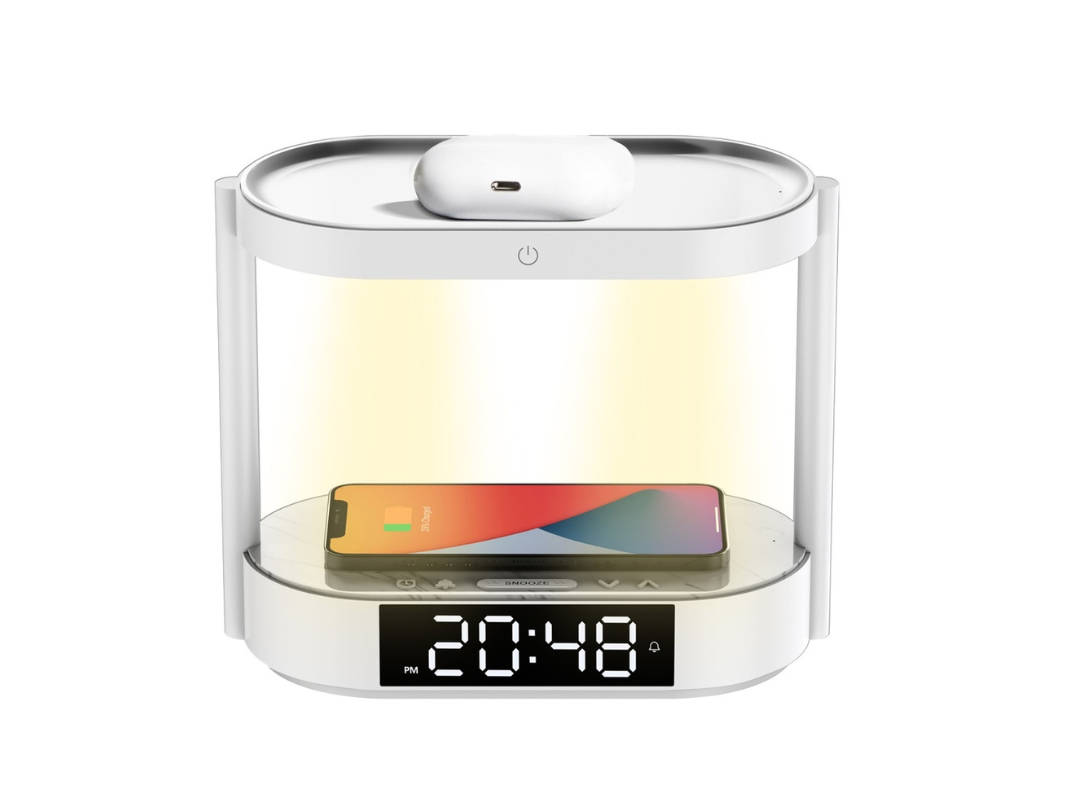 Porodo Bedside Lamp with Wireless Charger & Digital Clock - White Porodo Bedside Lamp with Wireless Charger & Digital Clock - White